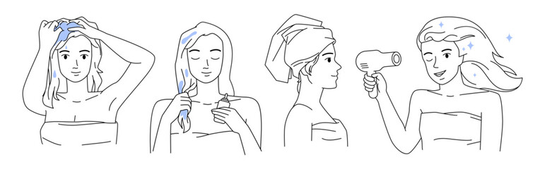 Girls wash hair with shampoo, apply organic moisturizer product and dry with towel and hairdryer, lifestyle routine of lady banner. Home hair care and treatment outline set vector illustration