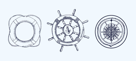 Lifebuoy, Steering wheel, Compass, hand drawn doodle, sketch, black and white vector illustration - 543891619