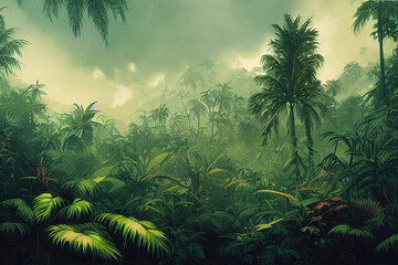 3D behang. Tropisch bos, wilde jungle. Close-up natuur weergave van groen blad en palmen achtergrond. Platliggend, donker natuurconcept, tropisch blad