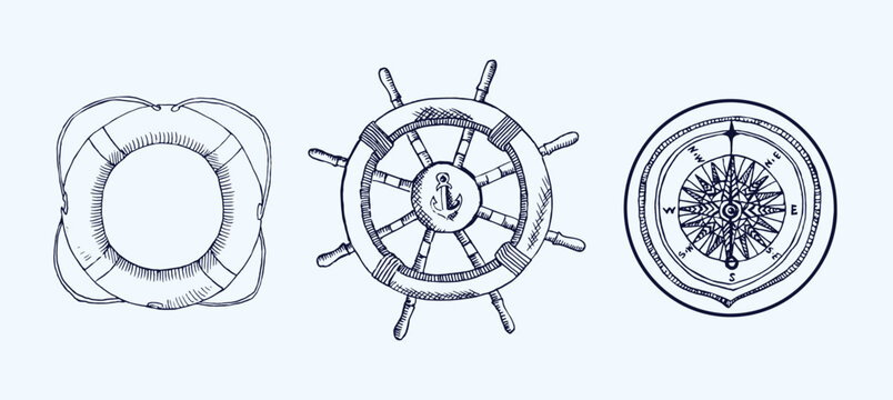 Lifebuoy, Steering wheel, Compass, hand drawn doodle, sketch, black and white vector illustration