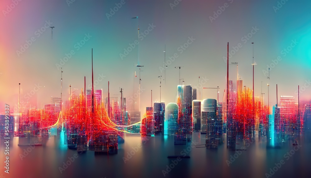 Poster Smart city and abstract dot point connect with gradient line and aesthetic Intricate wave line design , big data connection technology concept 3D illustration