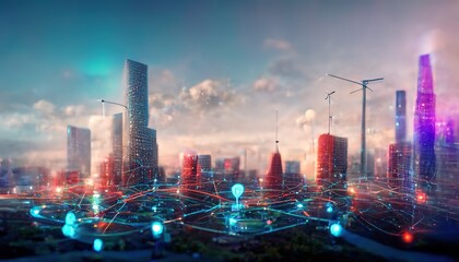 Smart city and communication network concept. Smart city, Internet of things, smart life, information technology. 3D illustration - obrazy, fototapety, plakaty