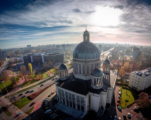 The photo presents St. Teresa and St. John Bosco church, located in Lodz, Poland. In the background...