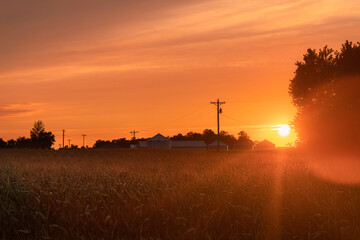 sunset over a field with silos in the distance © Matthew