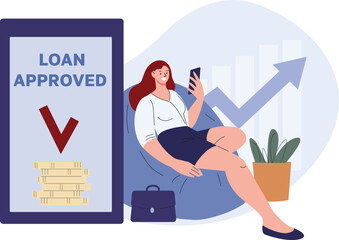 Loan approved for girl. Woman issued credit from smartphone at home. Finance and online bank, convenient banking service vector concept