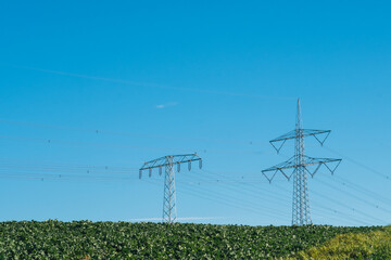 Energiekrise, Strommast auf Feld vor blauem Himmel - 543894296