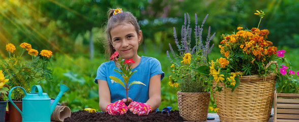 The child is planting flowers in the garden. Selective focus.