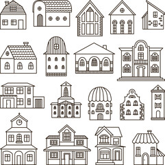 Doodle line different houses. Hand drawn house, cute simple scandinavian architect buildings. Small village home, neoteric rustic architecture set