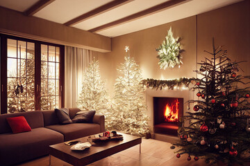 Living room home interior with christmas tree and fireplace - 543894642