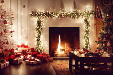 Living room home interior with christmas tree and fireplace