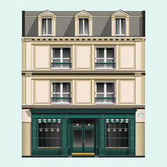 European oldfashioned brick building in realistic style. Facade front view of oldfashioned house.