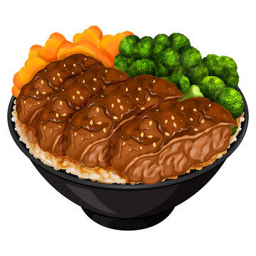 Japanese Teriyaki Chicken Donburi Recipe Illustration Painting. Japanese Food Drawing Image. Asian Teriyaki Chicken With Broccoli And Carrots. Teriyaki Grill Menu Isolated.