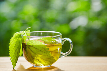 Cup of herbal tea with nettle on wooden background