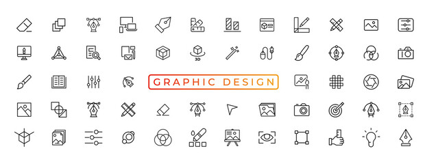 Fototapeta na wymiar Set of thin line icons of graphic design. Simple linear icons in a modern style flat, Creative Process. Graphic design, creative package, stationary, software and more simple UI, UX vector icons