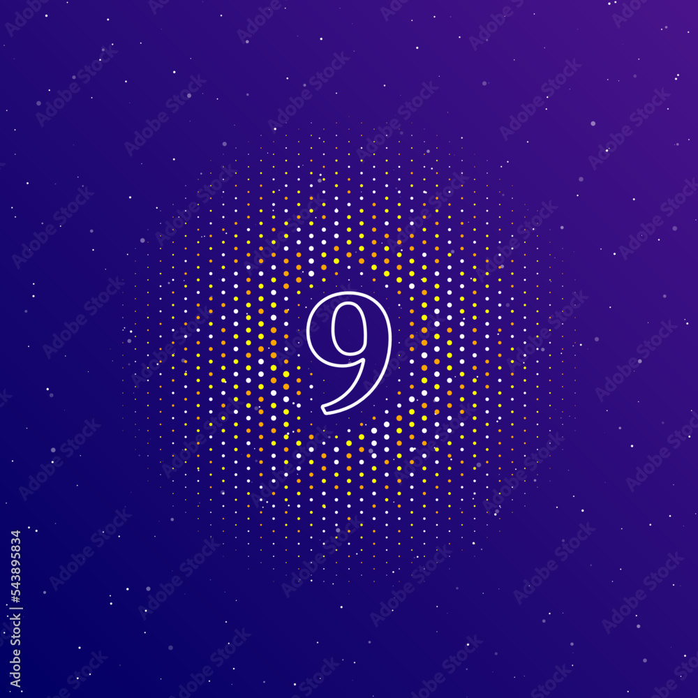Poster a large white contour number nine symbol in the center, surrounded by small dots. dots of different 