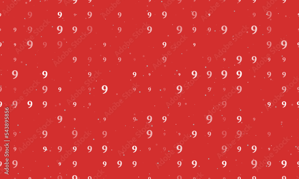 Poster seamless background pattern of evenly spaced white number nine symbols of different sizes and opacit