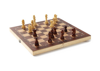 A chessboard with walking figures placed on a white background. Strategy game.