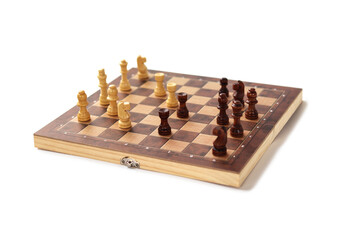 A chessboard with walking figures placed on a white background. Strategy game.