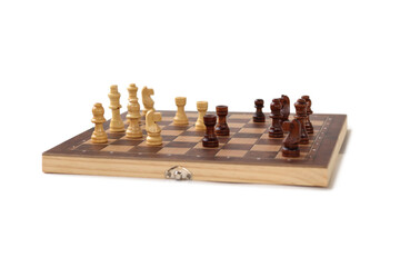 A chessboard with walking figures placed on a white background. Strategy game.