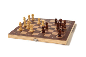 A chessboard with walking figures placed on a white background. Strategy game.