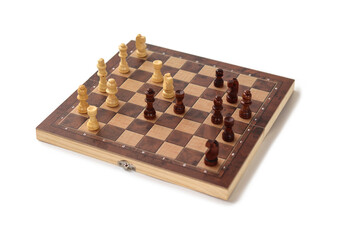 A chessboard with walking figures placed on a white background. Strategy game.