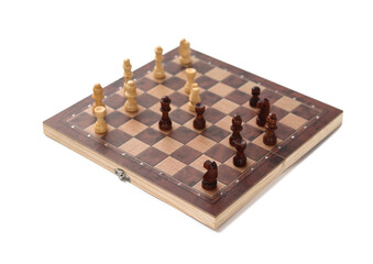 A chessboard with walking figures placed on a white background. Strategy game.