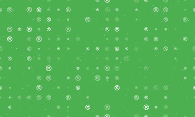 Seamless background pattern of evenly spaced white no right turn signs of different sizes and opacity. Vector illustration on green background with stars