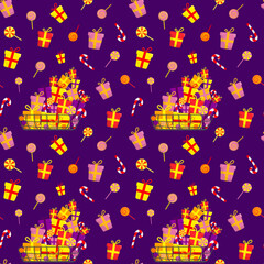 Seamless pattern in bright colors. A set of holiday gifts and sweets. Merry Christmas and Happy new year 2023. Vector illustration