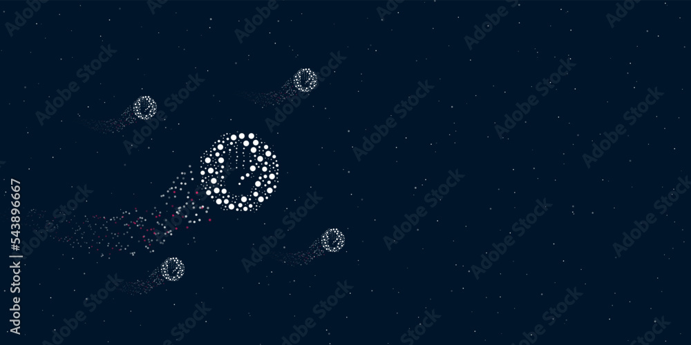 Poster a stop hand symbol filled with dots flies through the stars leaving a trail behind. four small symbo