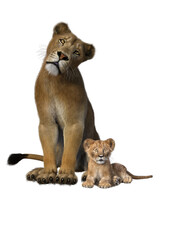 Lioness and cub on transparent background, 3D rendering
