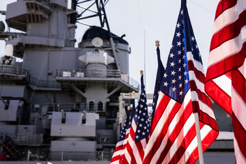 American flags at USS Missouri battleship in Pearl Harbor Honolulu Oahu Hawaii