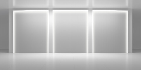 Room with three light squares on the wall, white background, 3d render