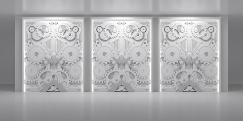 Clockwork white background, clock mechanism, bright illuminated room, 3d render