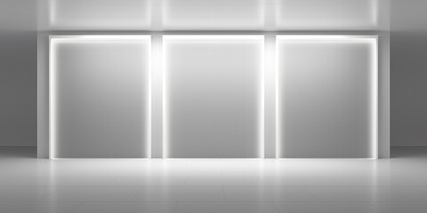 Black and white background stage, room with three light frames, perspective view, 3d illustration