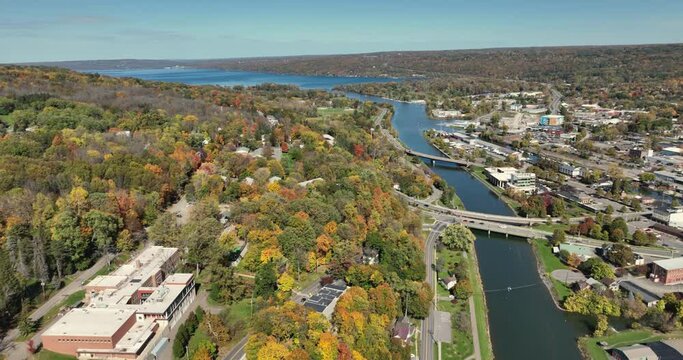 10-16-2022, Late afternoon aerial autumn video of the area surrounding the City of Ithaca, NY, USA