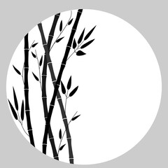 Round frame with bamboo plant. Background with bamboo trees. Monochrome drawing of stems, leaves, flat design, minimalistic style. Postcard, banner, flyer with place for text. Vector illustration. 