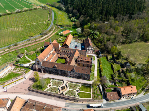 Aerial view of Bronnbach Monastery with castle gardens and church, Wertheim, Baden-W&uuml;rttemberg, Germany,