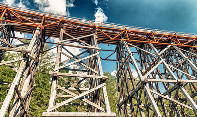 Detail of Kinsol Trestle wooden railroad bridge in Vancouver Island, BC Canada