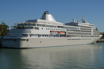 Fototapeta na wymiar Luxury Silversea Silver cruiseship cruise ship liner yacht Shadow Whisper in port 