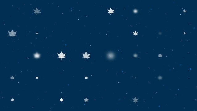 Template animation of evenly spaced maple leafs of different sizes and opacity. Animation of transparency and size. Seamless looped 4k animation on dark blue background with stars