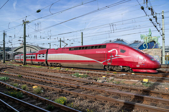 COLOGNE, GERMANY - OCTOBER 30, 2022: Thalys TGV high-speed train at Cologne main station