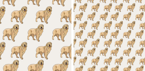 Seamless Golden Retriever dog pattern, holiday texture. Light Packaging, textile, decoration, wrapping paper. Trendy hand-drawn funny breed wallpaper. Fun seamless happy Retriever square pattern. 