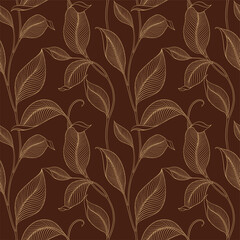 Luxury seamless pattern with striped leaves. Elegant floral background in minimalistic linear style. Trendy line art design element. Vector illustration.