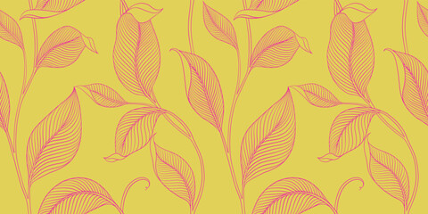 Luxury seamless pattern with striped leaves. Elegant floral background in minimalistic linear style. Trendy line art design element. Vector illustration.