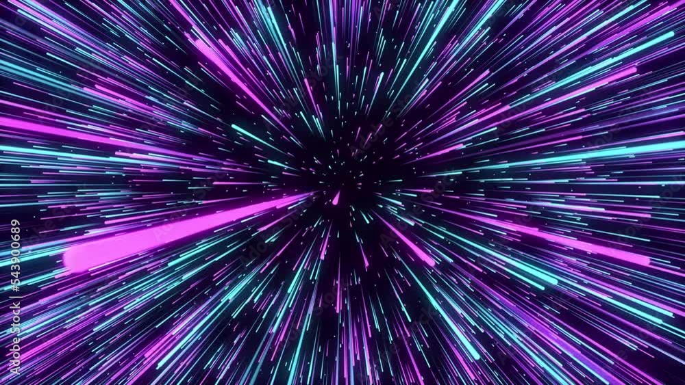 Poster Abstract blue hyper jump. Digital hyperspace with flow of bright particles. Beams motion in galaxy. Big stars explosion. Space glowing tunnel moving at the speed of light. 3d rendering.