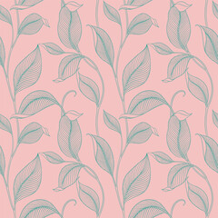 Fototapeta premium Luxury seamless pattern with striped leaves. Elegant floral background in minimalistic linear style. Trendy line art design element. Vector illustration.