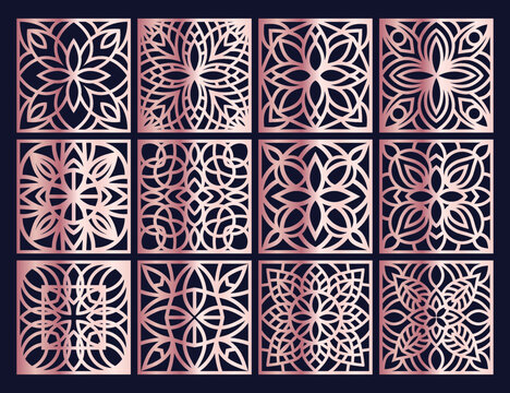 Laser cut Square patterned templates set. Coasters for drink collection with abstract ornament. Wood carwing templates, interior design, vector.	