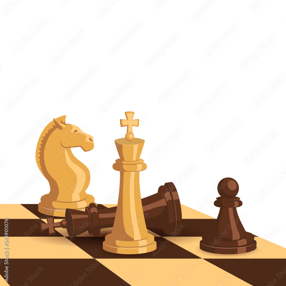 Poster chess concept background with black and white chess figures standing on game board. vector template