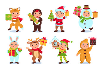 Obraz na płótnie Canvas Cute little kids hold Christmas gifts. Funny children in holiday costumes with different New Year souvenirs. Santa elf and animal clothing. Festive outfits. Splendid vector Xmas set