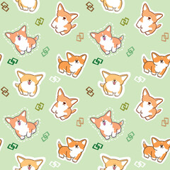 Seamless Pattern with Cute Cartoon Corgi Dog Design on Light Green Background